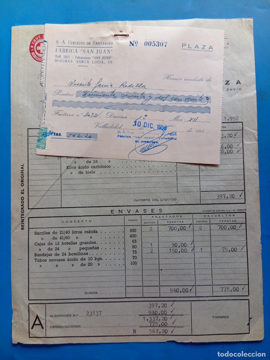 Facturas antiguas: FACTURA Y RECIBO. VALLADOLID. 1958. LA CRUZ BLANCA. CERVEZAS DE SANTANDER, S.A. FABRICA &rdquo;SAN JUAN&rdquo;.