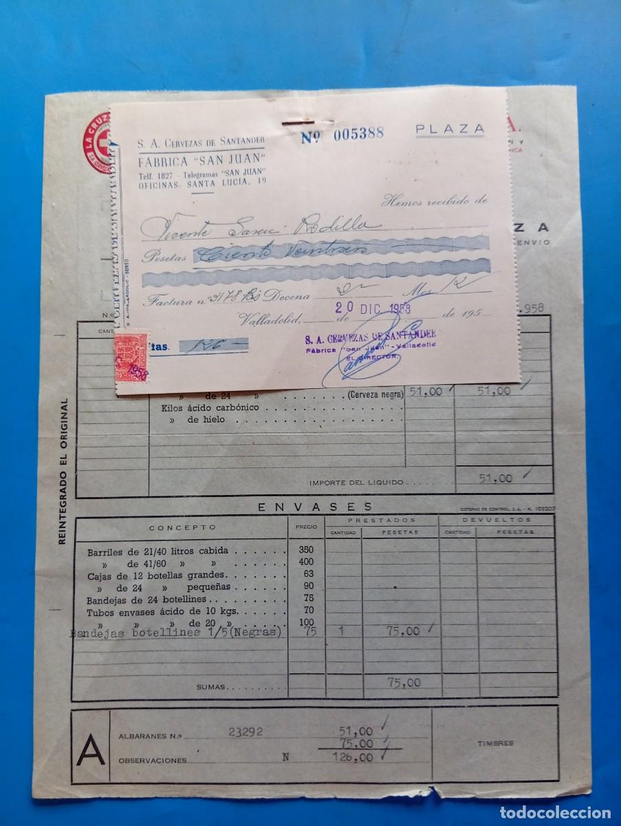 Facturas antiguas: FACTURA Y RECIBO. VALLADOLID. 1958. LA CRUZ BLANCA. CERVEZAS DE SANTANDER, S.A. FABRICA &rdquo;SAN JUAN&rdquo;.
