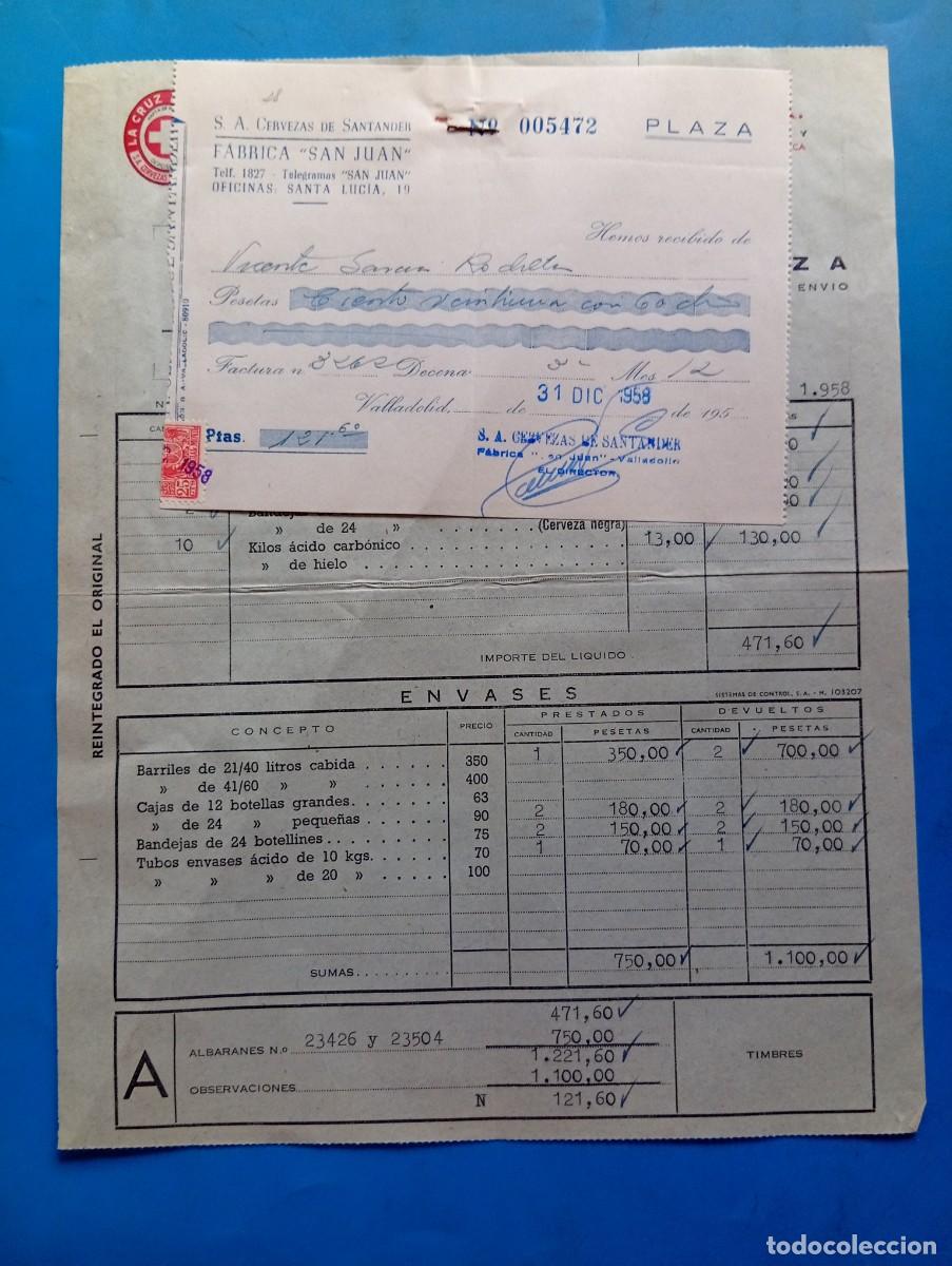 Facturas antiguas: FACTURA Y RECIBO. VALLADOLID. 1958. LA CRUZ BLANCA. CERVEZAS DE SANTANDER, S.A. FABRICA &rdquo;SAN JUAN&rdquo;.