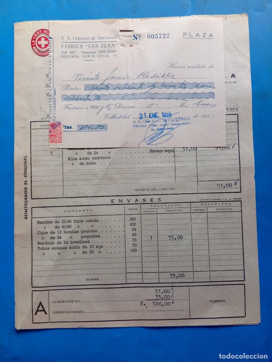 Facturas antiguas: FACTURA Y RECIBO. VALLADOLID. 1959. LA CRUZ BLANCA. CERVEZAS DE SANTANDER, S.A. FABRICA &rdquo;SAN JUAN&rdquo;.