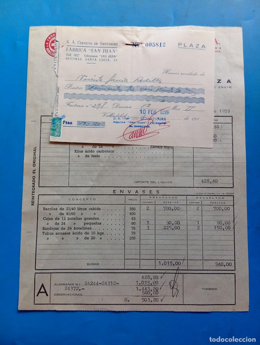 Facturas antiguas: FACTURA Y RECIBO. VALLADOLID. 1959. LA CRUZ BLANCA. CERVEZAS DE SANTANDER, S.A. FABRICA &rdquo;SAN JUAN&rdquo;.