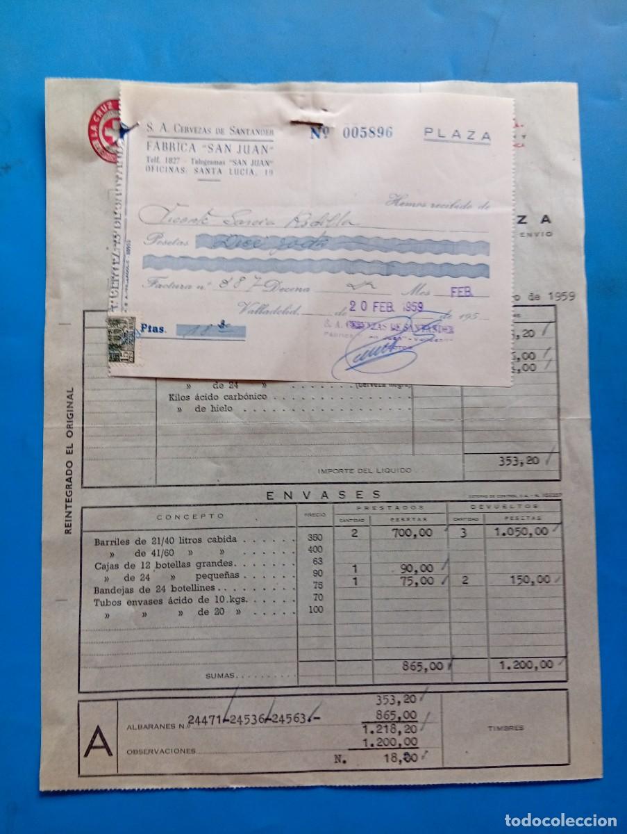 Facturas antiguas: FACTURA Y RECIBO. VALLADOLID. 1959. LA CRUZ BLANCA. CERVEZAS DE SANTANDER, S.A. FABRICA &rdquo;SAN JUAN&rdquo;.