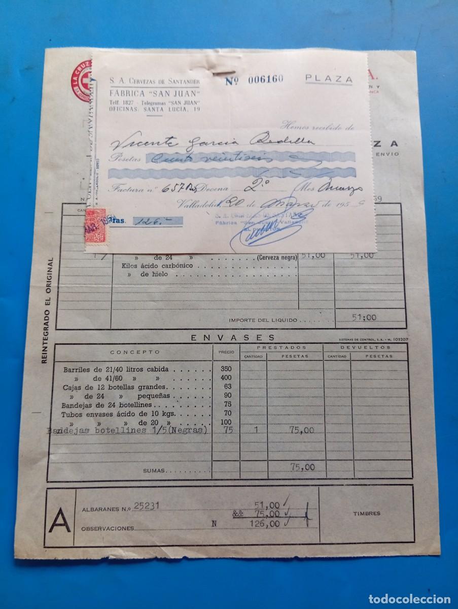 Facturas antiguas: FACTURA Y RECIBO. VALLADOLID. 1959. LA CRUZ BLANCA. CERVEZAS DE SANTANDER, S.A. FABRICA &rdquo;SAN JUAN&rdquo;.