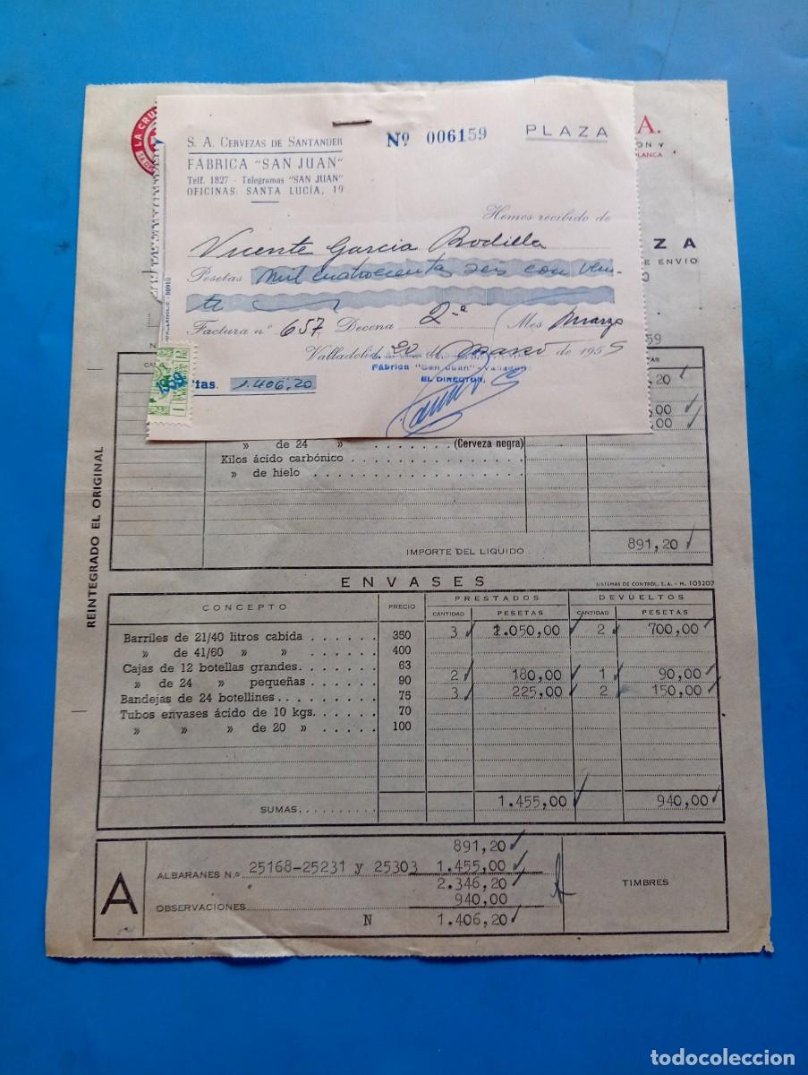 Facturas antiguas: FACTURA Y RECIBO. VALLADOLID. 1959. LA CRUZ BLANCA. CERVEZAS DE SANTANDER, S.A. FABRICA &rdquo;SAN JUAN&rdquo;.