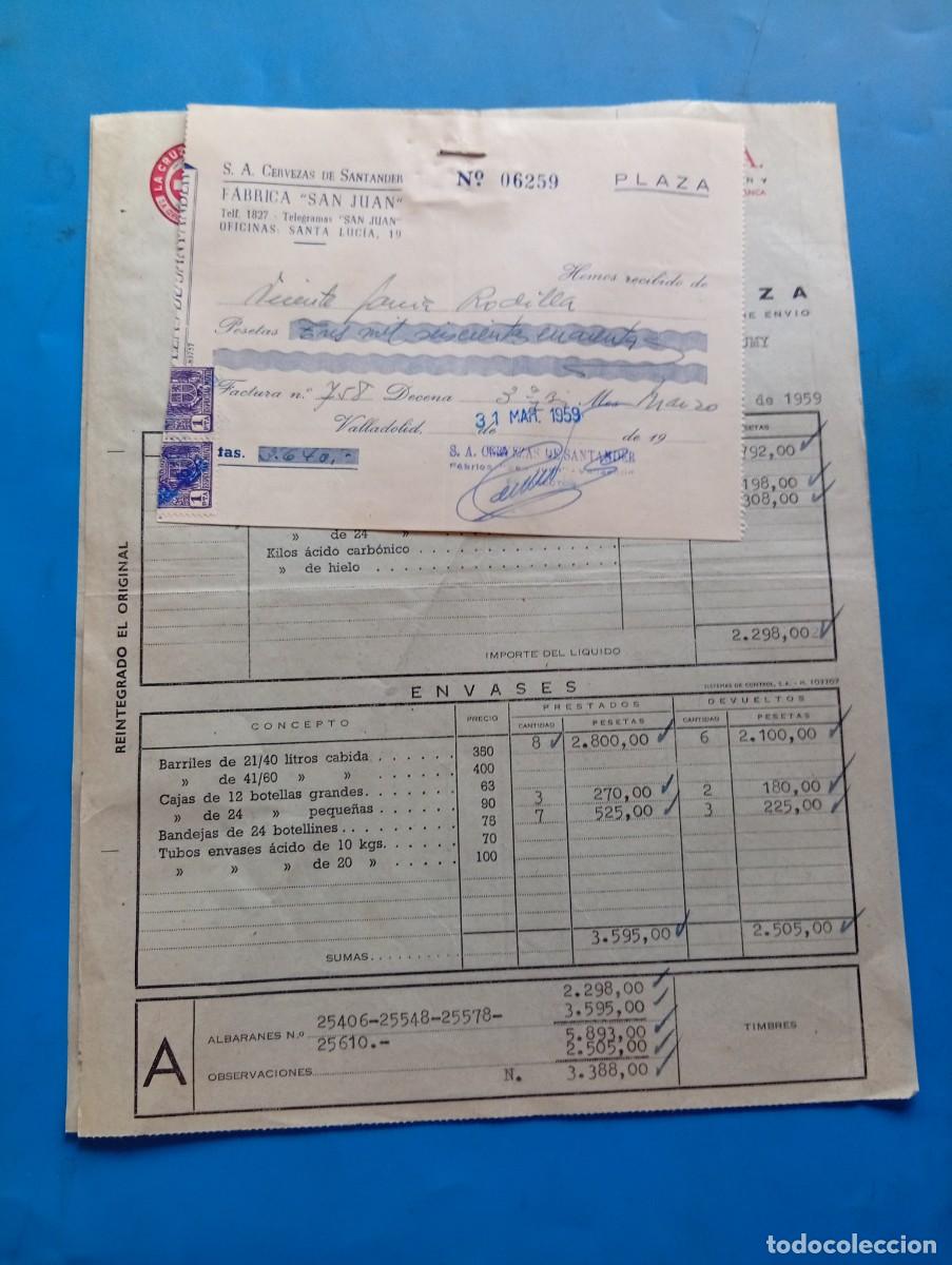 Facturas antiguas: FACTURA Y RECIBO. VALLADOLID. 1959. LA CRUZ BLANCA. CERVEZAS DE SANTANDER, S.A. FABRICA &rdquo;SAN JUAN&rdquo;.