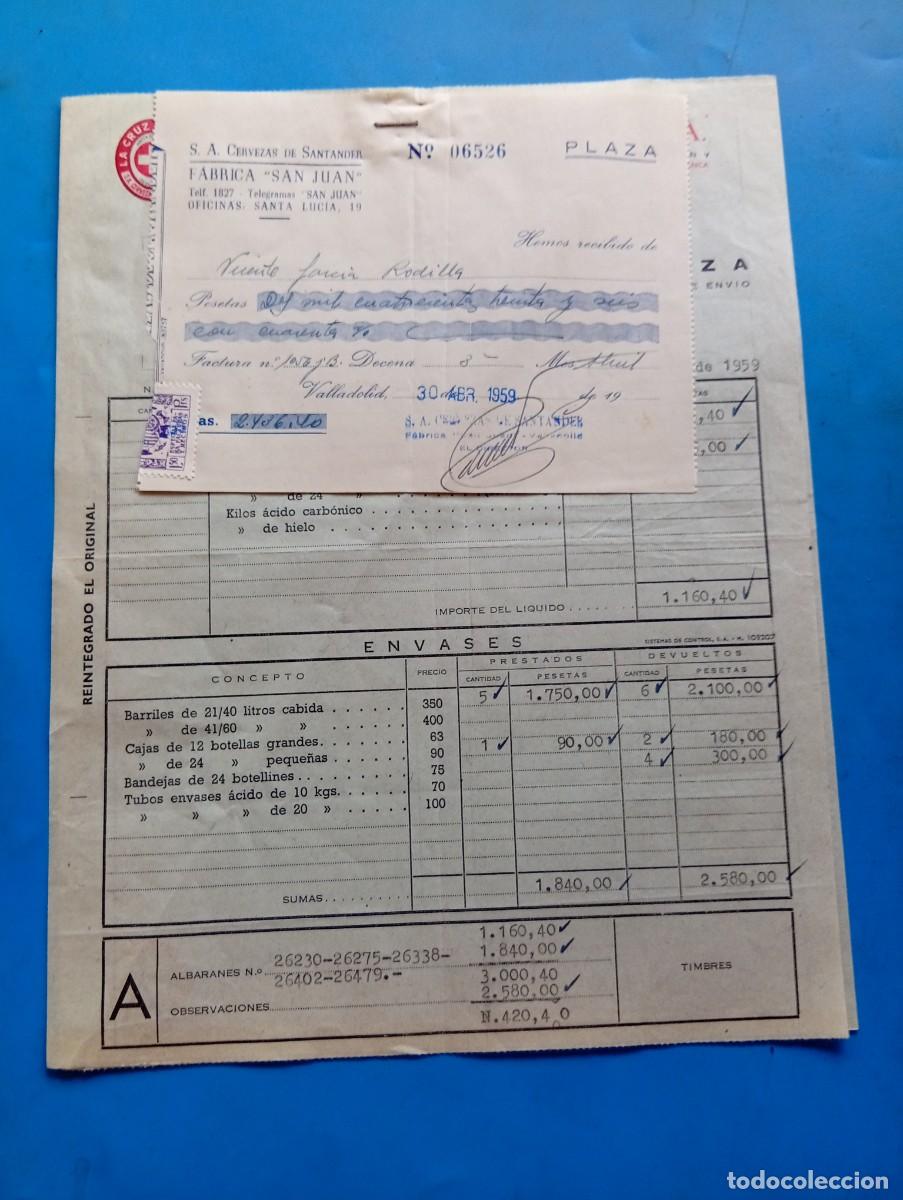 Facturas antiguas: FACTURA Y RECIBO. VALLADOLID. 1959. LA CRUZ BLANCA. CERVEZAS DE SANTANDER, S.A. FABRICA &rdquo;SAN JUAN&rdquo;.
