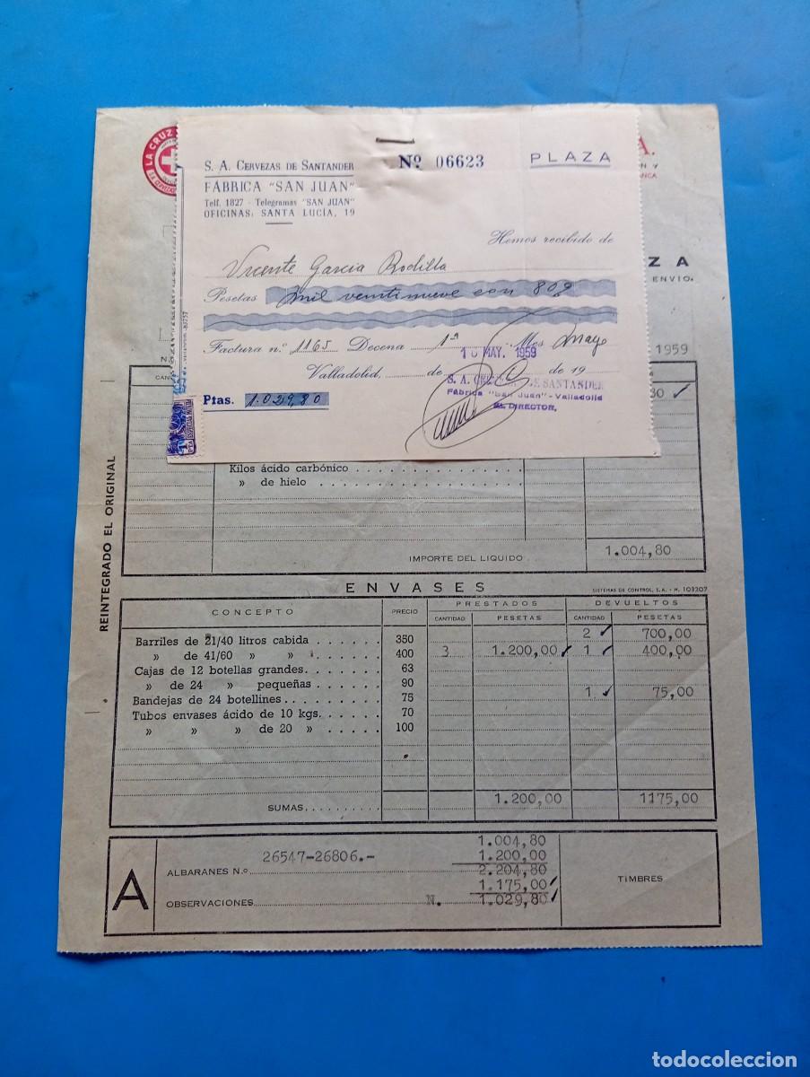 Facturas antiguas: FACTURA Y RECIBO. VALLADOLID. 1959. LA CRUZ BLANCA. CERVEZAS DE SANTANDER, S.A. FABRICA &rdquo;SAN JUAN&rdquo;.