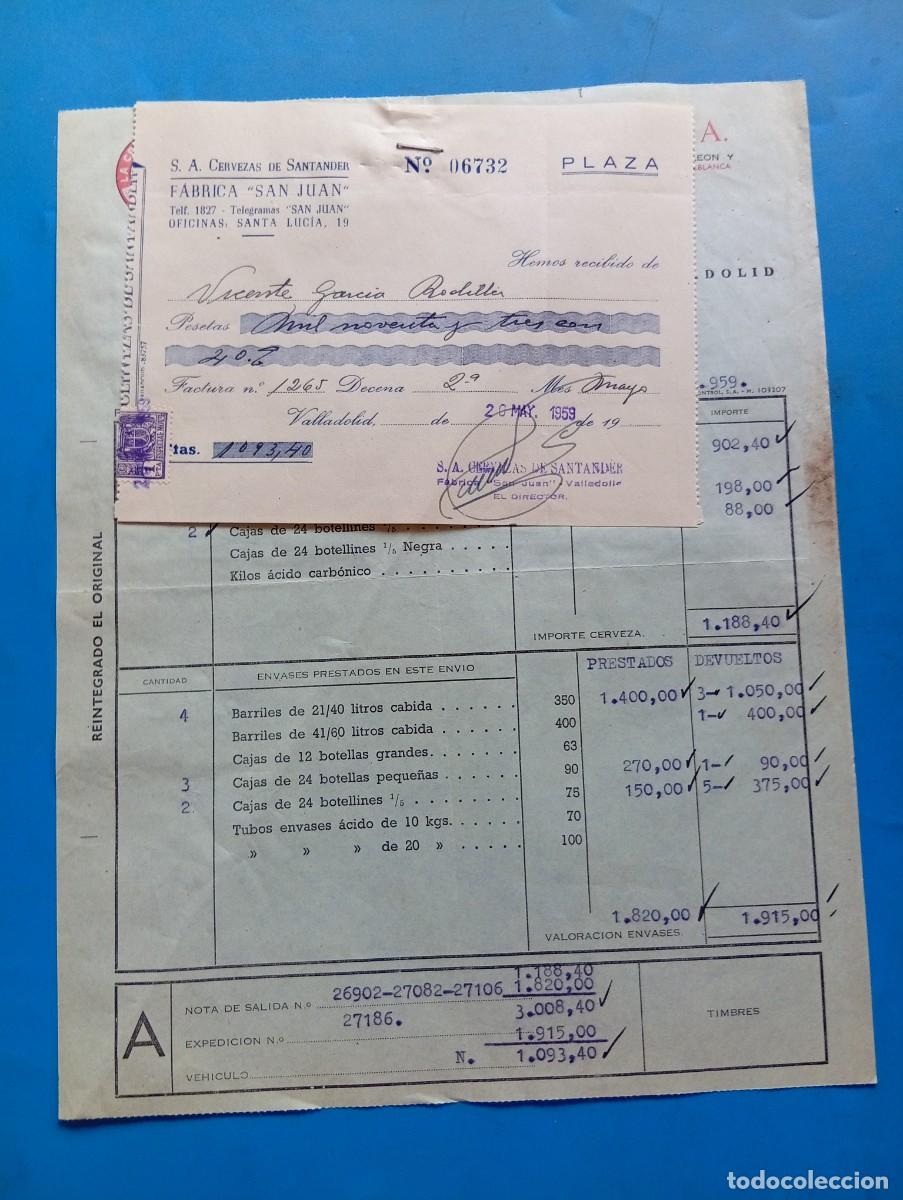 Facturas antiguas: FACTURA Y RECIBO. VALLADOLID. 1959. LA CRUZ BLANCA. CERVEZAS DE SANTANDER, S.A. FABRICA &rdquo;SAN JUAN&rdquo;.