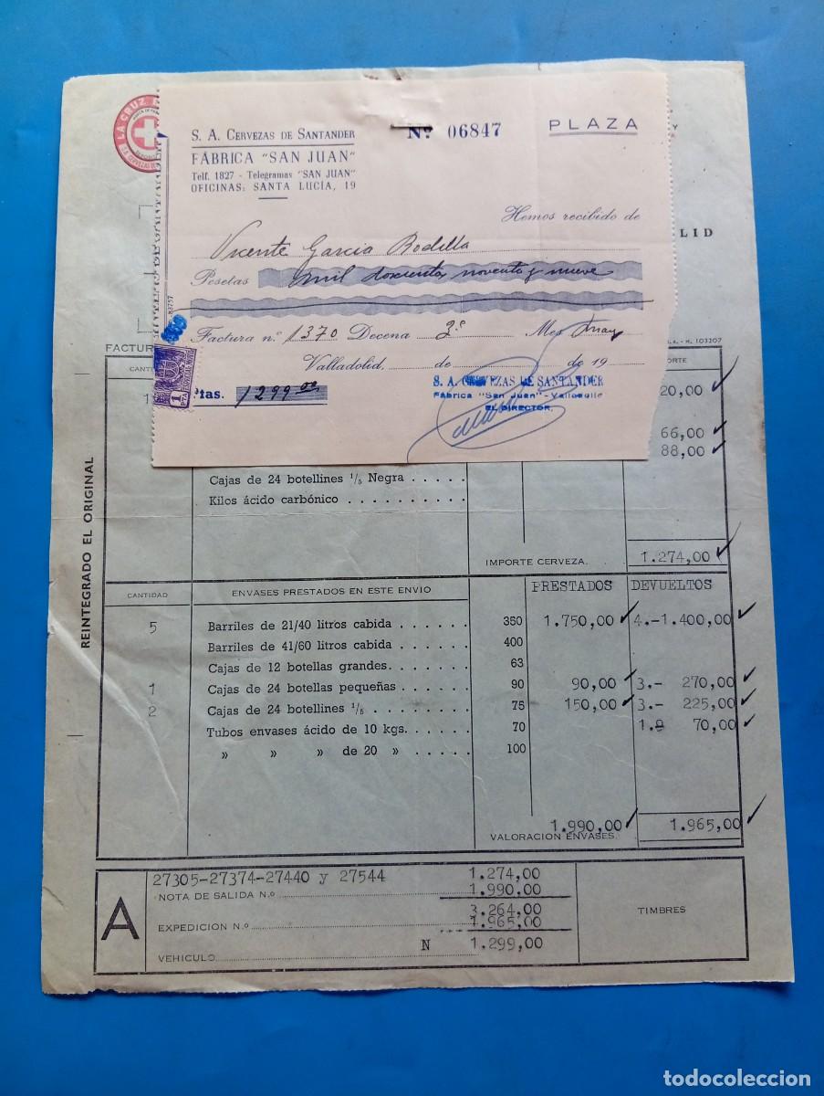 Facturas antiguas: FACTURA Y RECIBO. VALLADOLID. 1959. LA CRUZ BLANCA. CERVEZAS DE SANTANDER, S.A. FABRICA &rdquo;SAN JUAN&rdquo;.