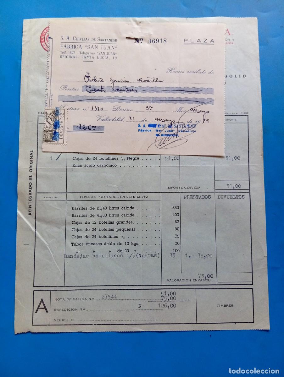 Facturas antiguas: FACTURA Y RECIBO. VALLADOLID. 1959. LA CRUZ BLANCA. CERVEZAS DE SANTANDER, S.A. FABRICA &rdquo;SAN JUAN&rdquo;.