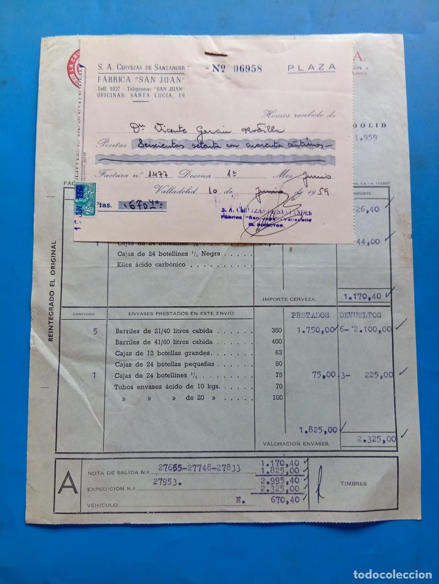 Facturas antiguas: FACTURA Y RECIBO. VALLADOLID. 1959. LA CRUZ BLANCA. CERVEZAS DE SANTANDER, S.A. FABRICA &rdquo;SAN JUAN&rdquo;.