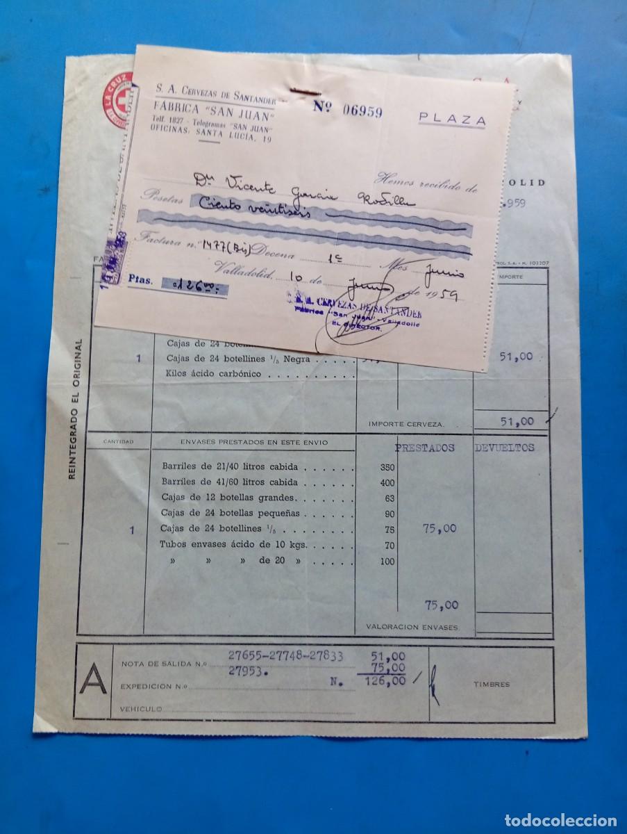 Facturas antiguas: FACTURA Y RECIBO. VALLADOLID. 1959. LA CRUZ BLANCA. CERVEZAS DE SANTANDER, S.A. FABRICA &rdquo;SAN JUAN&rdquo;.