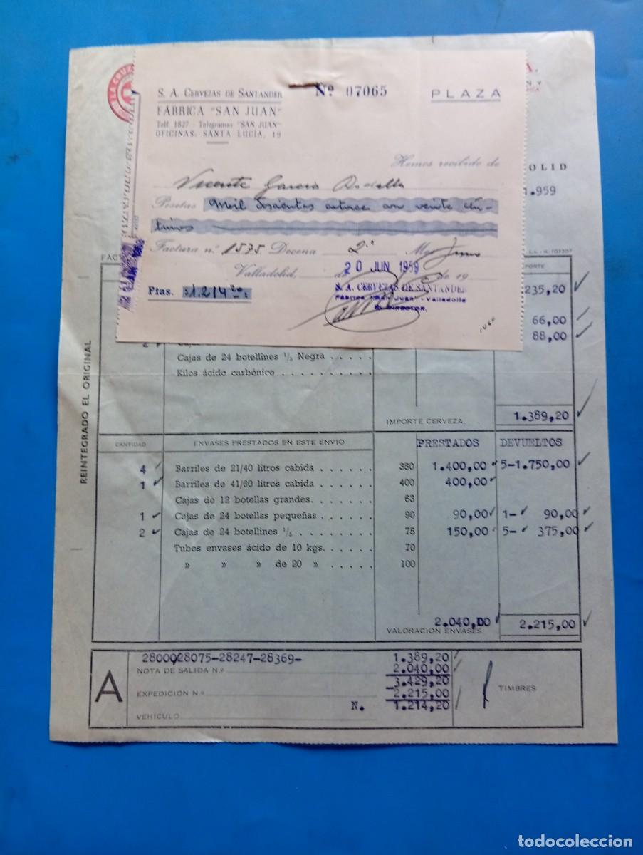 Facturas antiguas: FACTURA Y RECIBO. VALLADOLID. 1959. LA CRUZ BLANCA. CERVEZAS DE SANTANDER, S.A. FABRICA &rdquo;SAN JUAN&rdquo;.