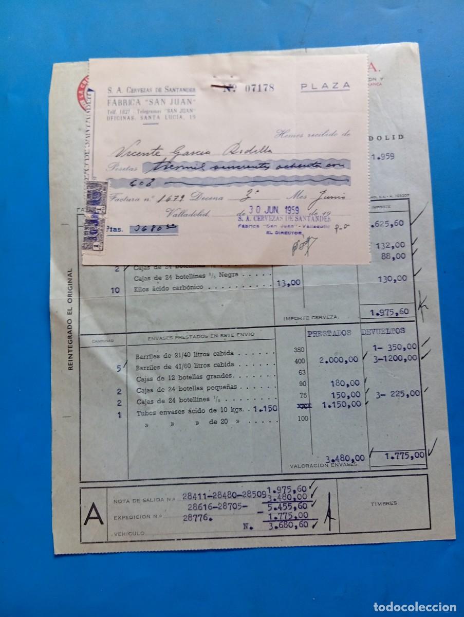 Facturas antiguas: FACTURA Y RECIBO. VALLADOLID. 1959. LA CRUZ BLANCA. CERVEZAS DE SANTANDER, S.A. FABRICA &rdquo;SAN JUAN&rdquo;.