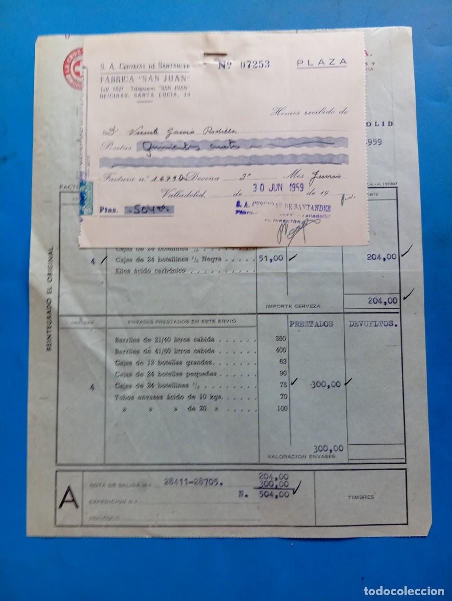 Facturas antiguas: FACTURA Y RECIBO. VALLADOLID. 1959. LA CRUZ BLANCA. CERVEZAS DE SANTANDER, S.A. FABRICA &rdquo;SAN JUAN&rdquo;.