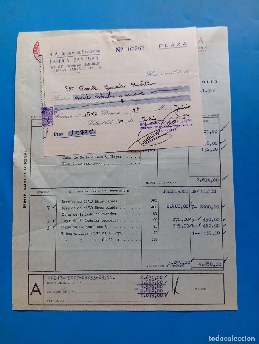 Facturas antiguas: FACTURA Y RECIBO. VALLADOLID. 1959. LA CRUZ BLANCA. CERVEZAS DE SANTANDER, S.A. FABRICA &rdquo;SAN JUAN&rdquo;.