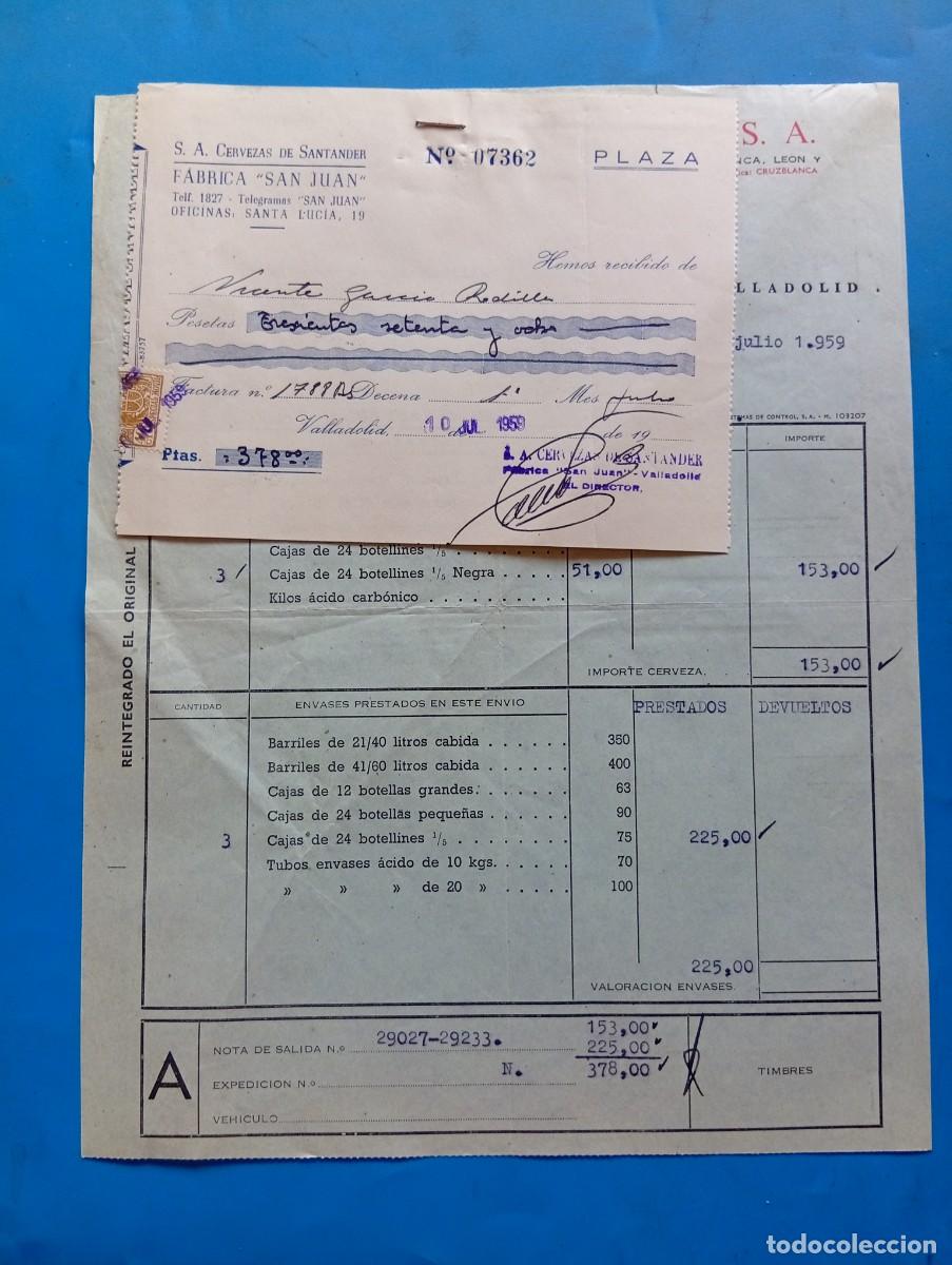 Facturas antiguas: FACTURA Y RECIBO. VALLADOLID. 1959. LA CRUZ BLANCA. CERVEZAS DE SANTANDER, S.A. FABRICA &rdquo;SAN JUAN&rdquo;.