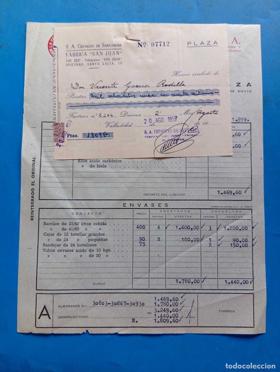 Facturas antiguas: FACTURA Y RECIBO. VALLADOLID. 1959. LA CRUZ BLANCA. CERVEZAS DE SANTANDER, S.A. FABRICA &rdquo;SAN JUAN&rdquo;.