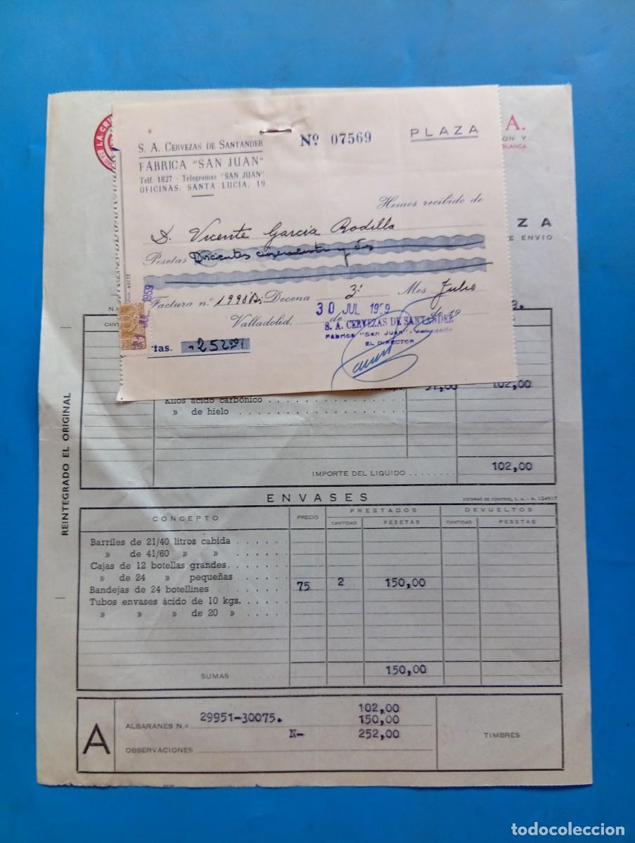 Facturas antiguas: FACTURA Y RECIBO. VALLADOLID. 1959. LA CRUZ BLANCA. CERVEZAS DE SANTANDER, S.A. FABRICA &rdquo;SAN JUAN&rdquo;.