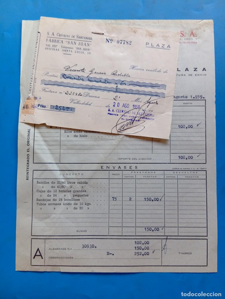 Facturas antiguas: FACTURA Y RECIBO. VALLADOLID. 1959. LA CRUZ BLANCA. CERVEZAS DE SANTANDER, S.A. FABRICA &rdquo;SAN JUAN&rdquo;.