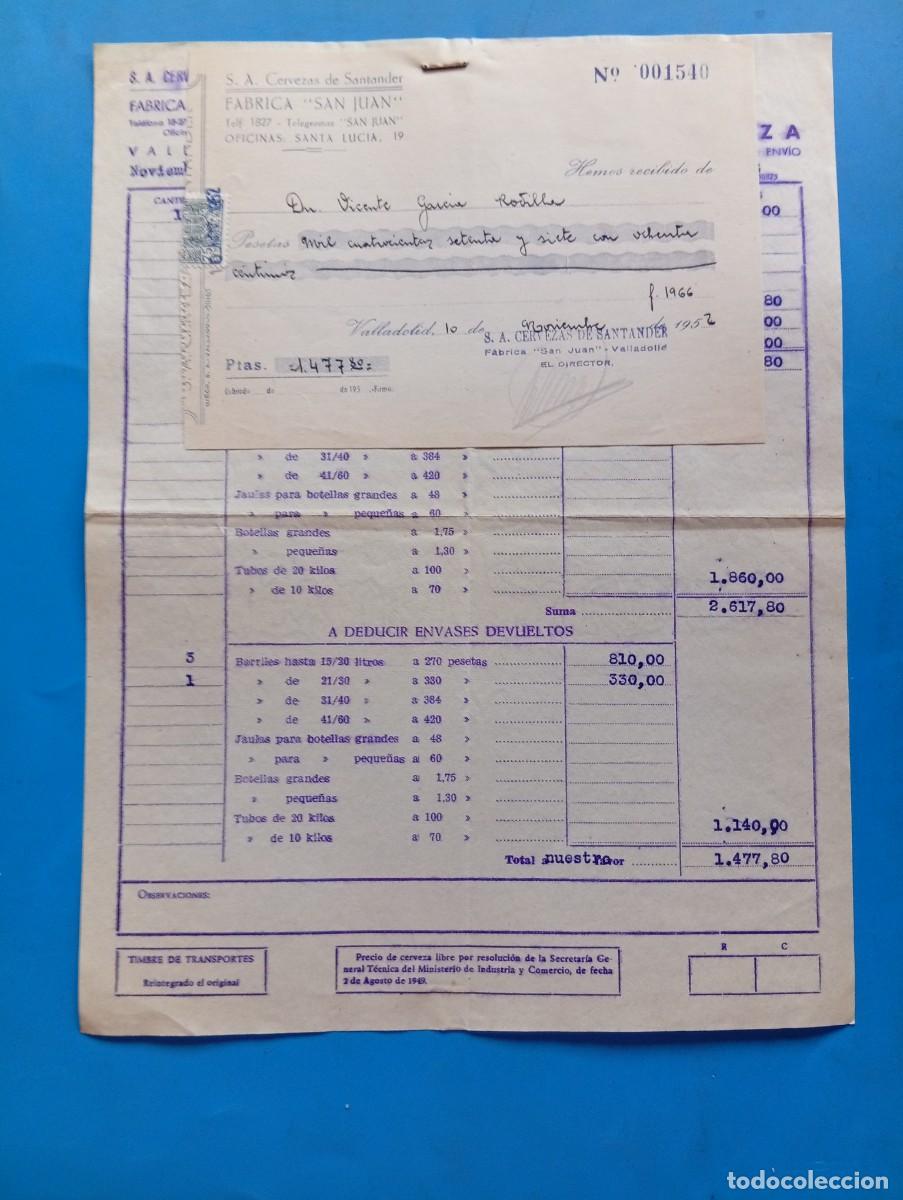 Facturas antiguas: FACTURA Y RECIBO. VALLADOLID. 1952. S. A. CERVEZAS SANTANDER. F&Aacute;BRICA &rdquo; SAN JUAN &rdquo;.