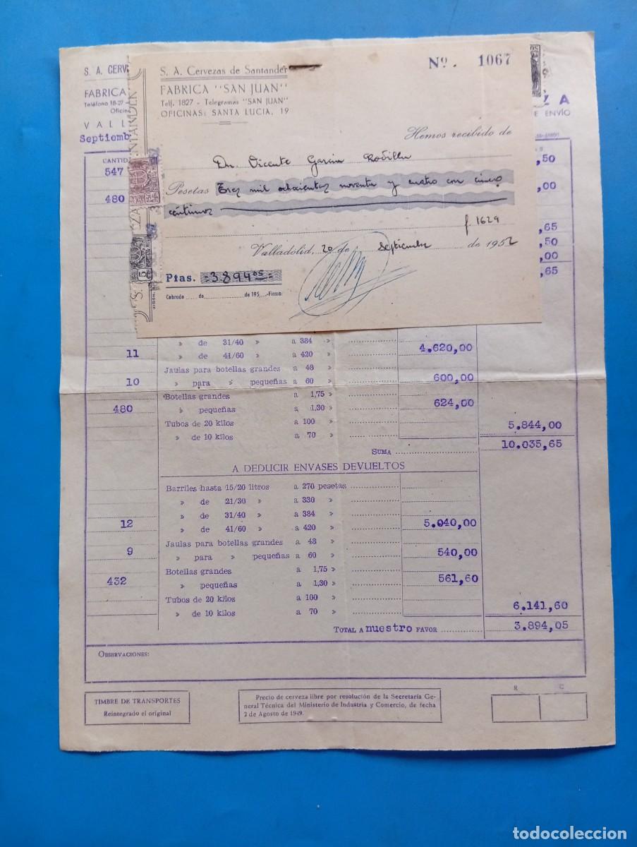 Facturas antiguas: FACTURA Y RECIBO. VALLADOLID. 1952. S. A. CERVEZAS SANTANDER. F&Aacute;BRICA &rdquo; SAN JUAN &rdquo;.
