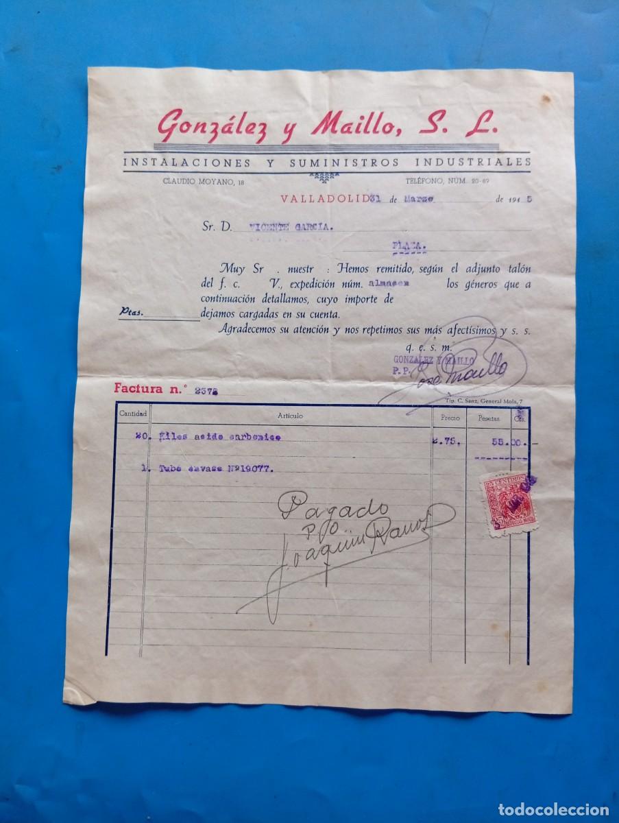 Facturas antiguas: FACTURA. VALLADOLID. 1945. INSTALACIONES Y SUMINISTROS INDUSTRIALES. GONZALEZ Y MAILLO, S. L.