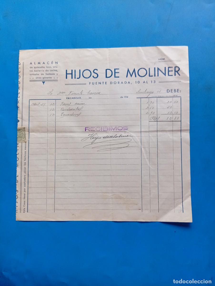 Facturas antiguas: FACTURA. VALLADOLID. 194?. ALMACEN DE QUINCALLA-LOZA-CRISTAL-BATERIA DE COCINA. HIJOS DE MOLINER.