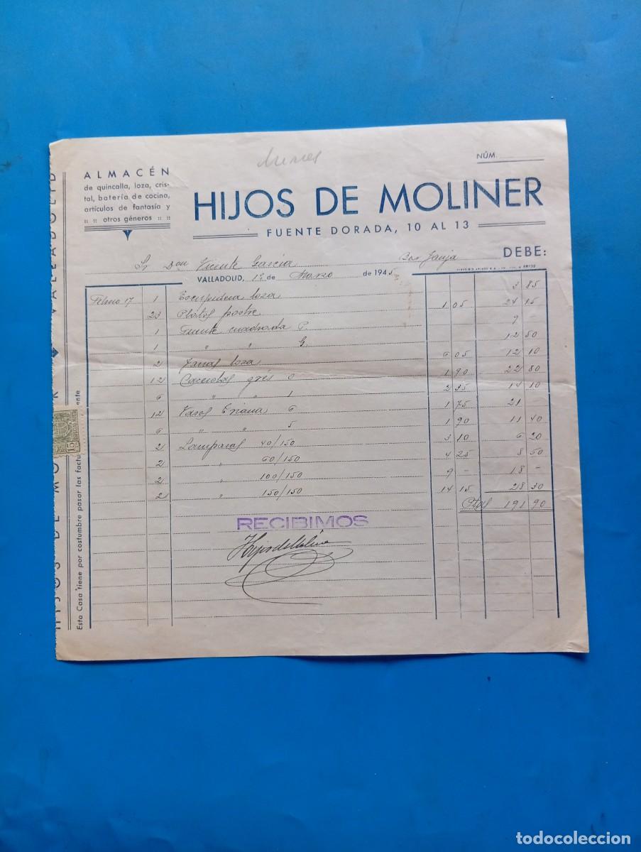 Facturas antiguas: FACTURA. VALLADOLID. 1945. ALMACEN DE QUINCALLA-LOZA-CRISTAL-BATERIA DE COCINA. HIJOS DE MOLINER.