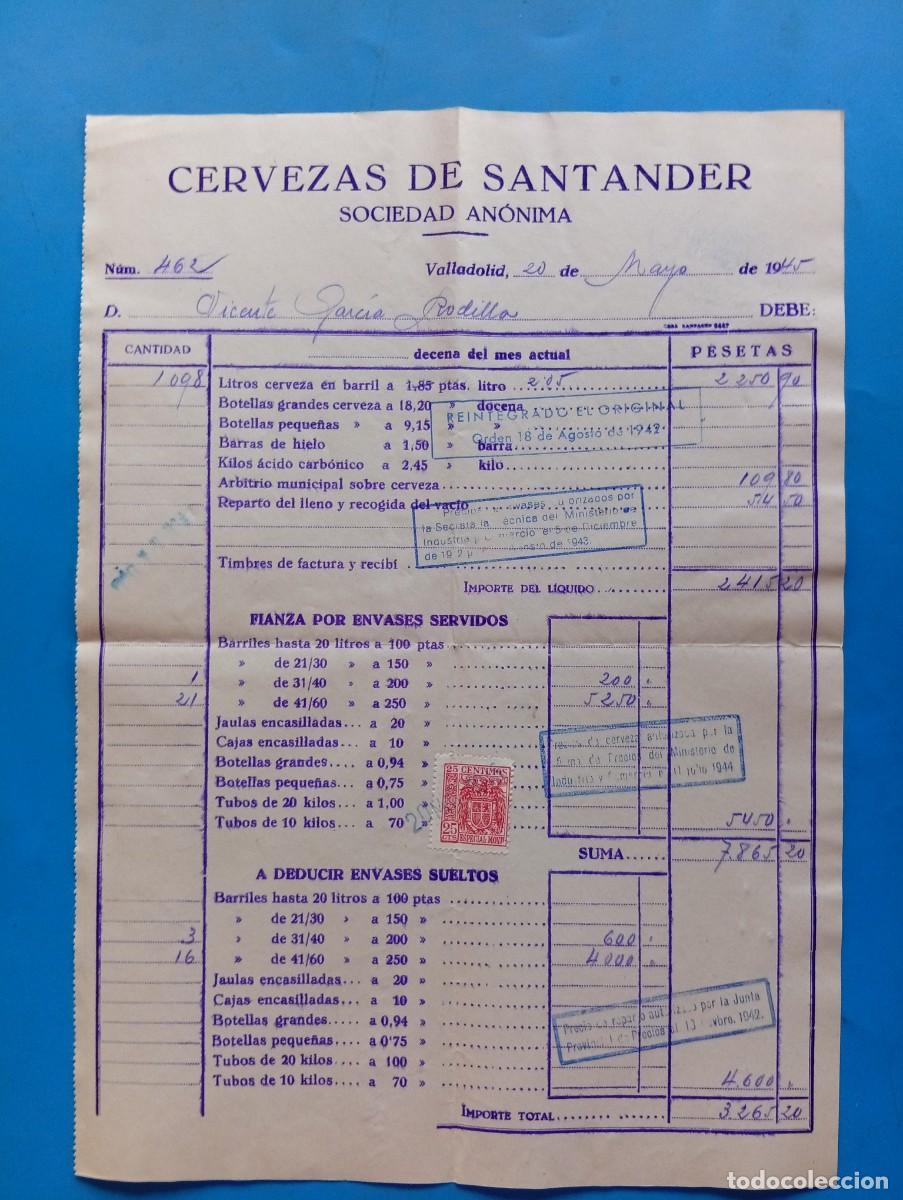 Facturas antiguas: FACTURA. VALLADOLID. 1945. CERVEZAS DE SANTANDER. SOCIEDAD AN&Oacute;NIMA.