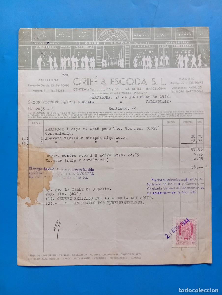 Facturas antiguas: FACTURA. BARCELONA. 1944. GRIF&Eacute; & ESCODA S.L.