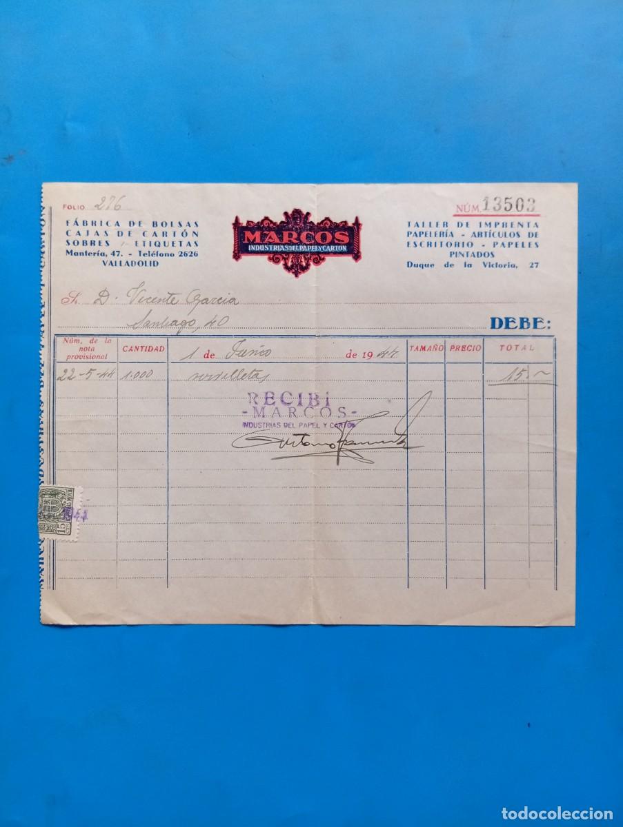 Facturas antiguas: FACTURA. VALLADOLID. 1944. FABRICA DE BOLSAS-CAJAS DE CART&Oacute;N-SOBRES-MANIPULADOS. INDUSTRIAS MARCOS.