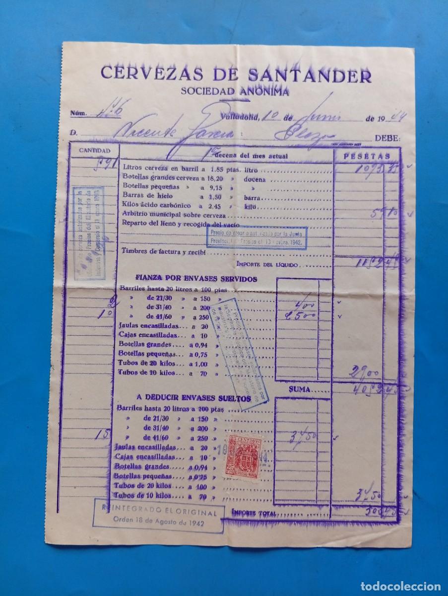 Facturas antiguas: FACTURA. VALLADOLID. 1944. CERVEZAS DE SANTANDER. SOCIEDAD AN&Oacute;NIMA.