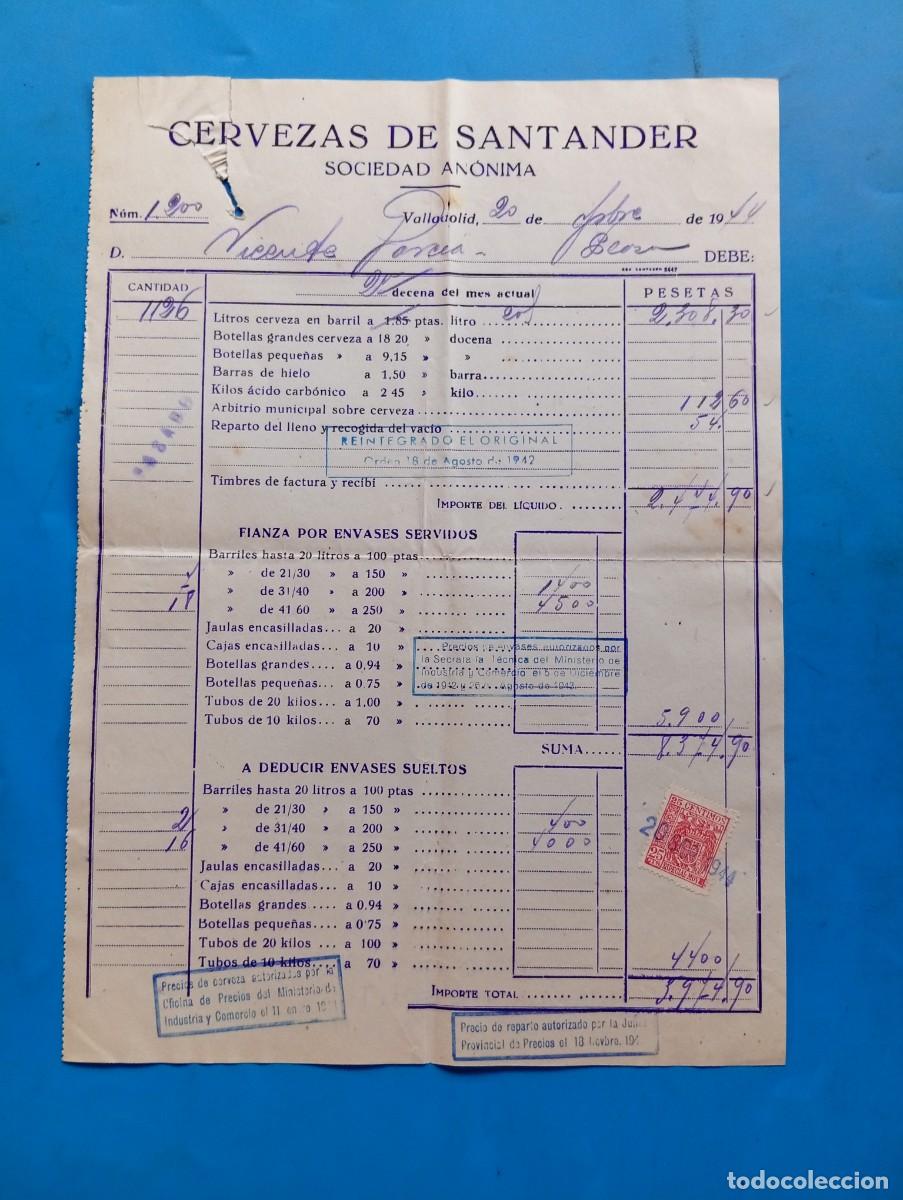 Facturas antiguas: FACTURA. VALLADOLID. 1944. CERVEZAS DE SANTANDER. SOCIEDAD AN&Oacute;NIMA.
