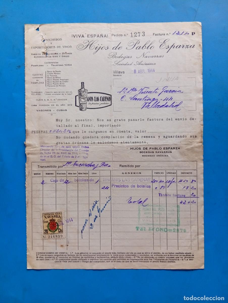Facturas antiguas: FACTURA. VILLAVA, NAVARRA. 1944. BODEGAS NAVARRAS. EXPORTADORES DE VINOS. HIJOS DE PABLO ESPARZA.