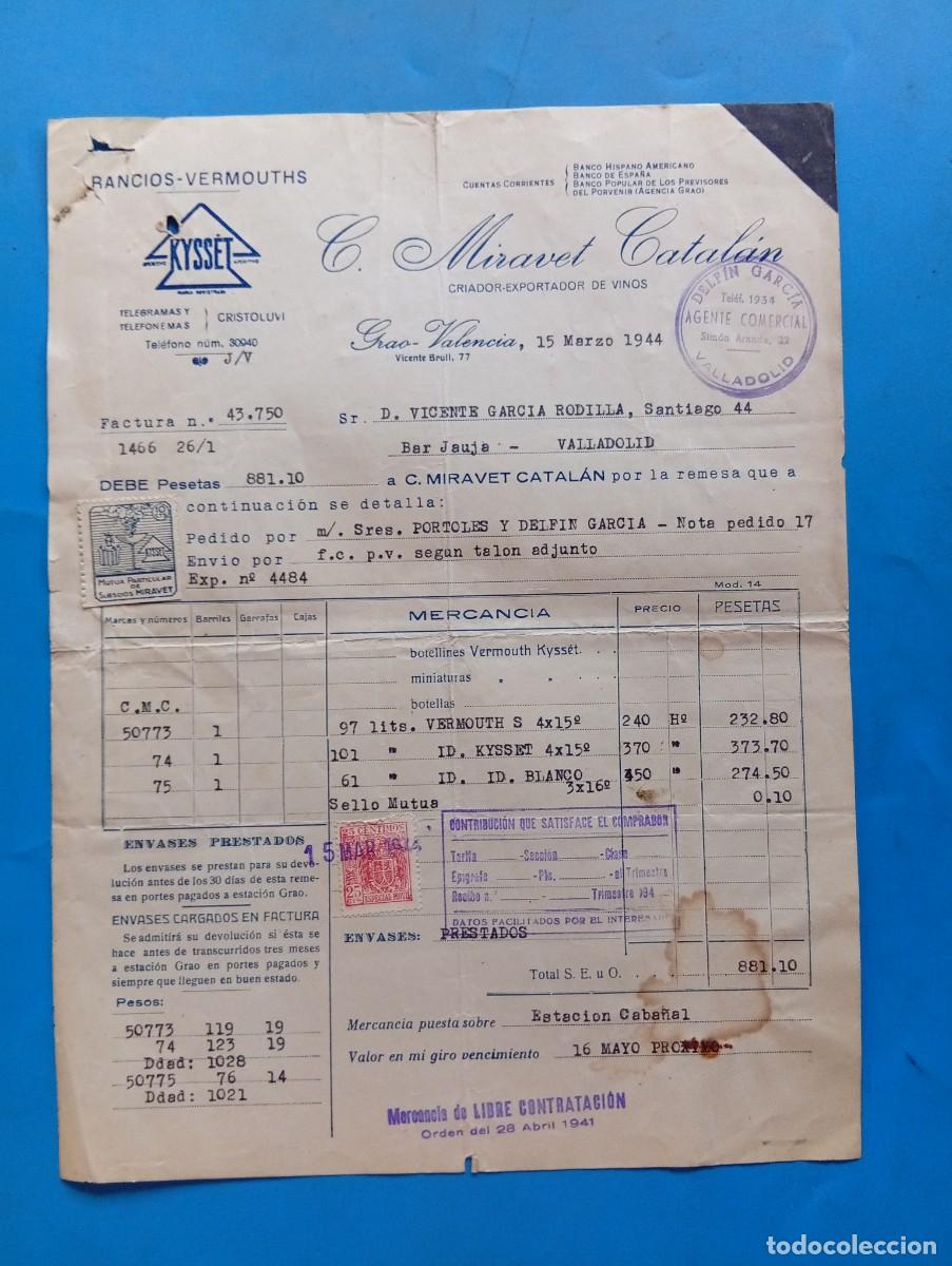 Facturas antiguas: FACTURA. GRAO-VALENCIA. 1944. RANCIOS-VERMOUTHS. CRIADOR-EXPORTADOR DE VINOS. C. MIRAVET CATALAN.
