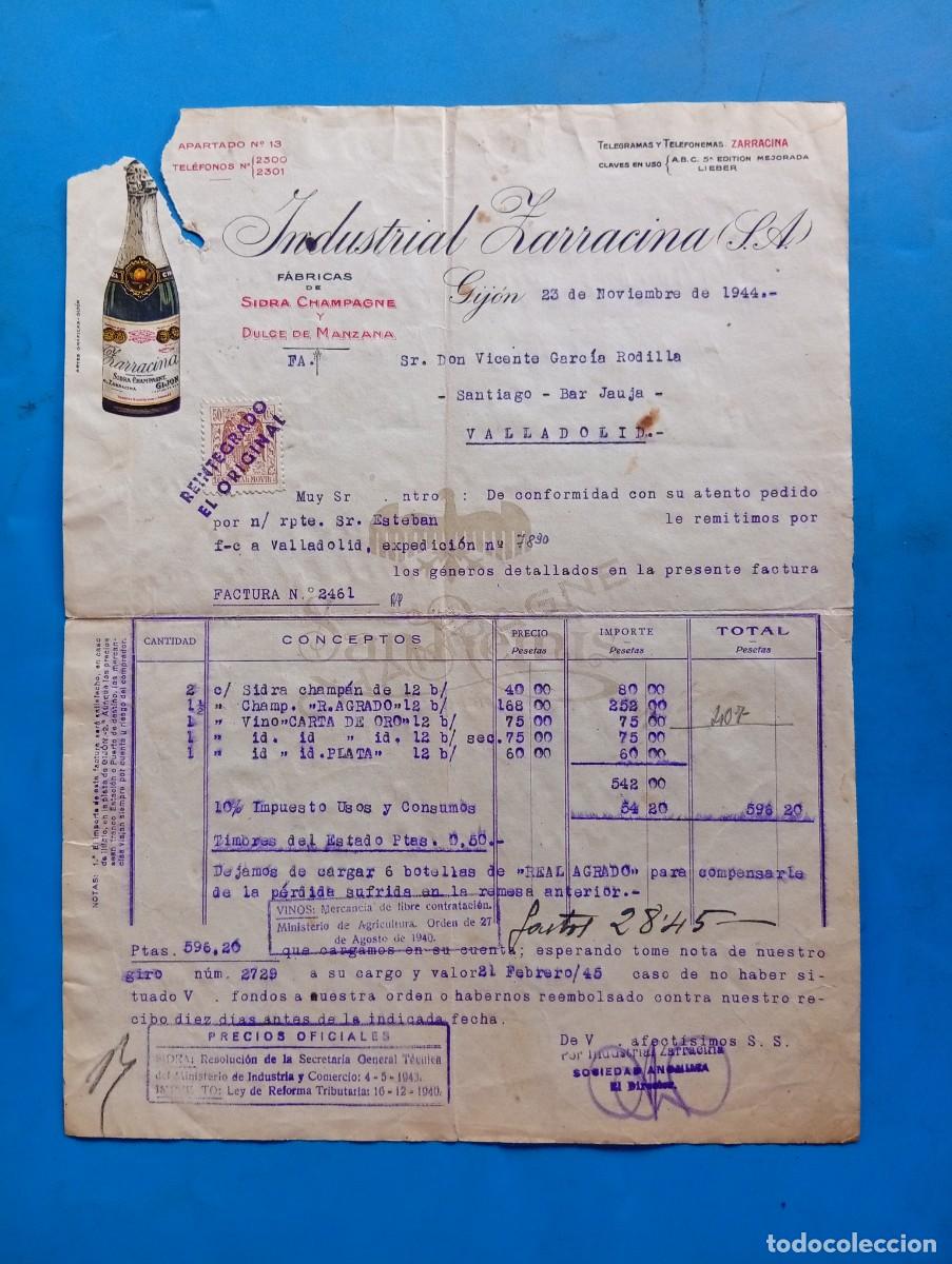 Facturas antiguas: FACTURA. GIJ&Oacute;N. 1944. F&Aacute;BRICAS DE SIDRA CHAMPAGNE Y DULCE DE MANZANA. INDUSTRIAS ZARRACINA S.A.