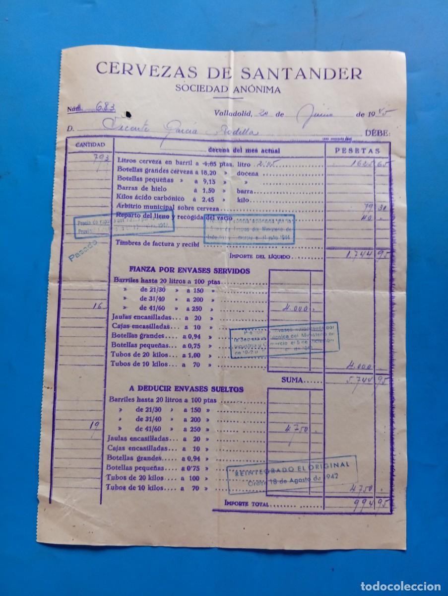 Facturas antiguas: FACTURA. VALLADOLID. 1945. CERVEZAS DE SANTANDER. SOCIEDAD AN&Oacute;NIMA.