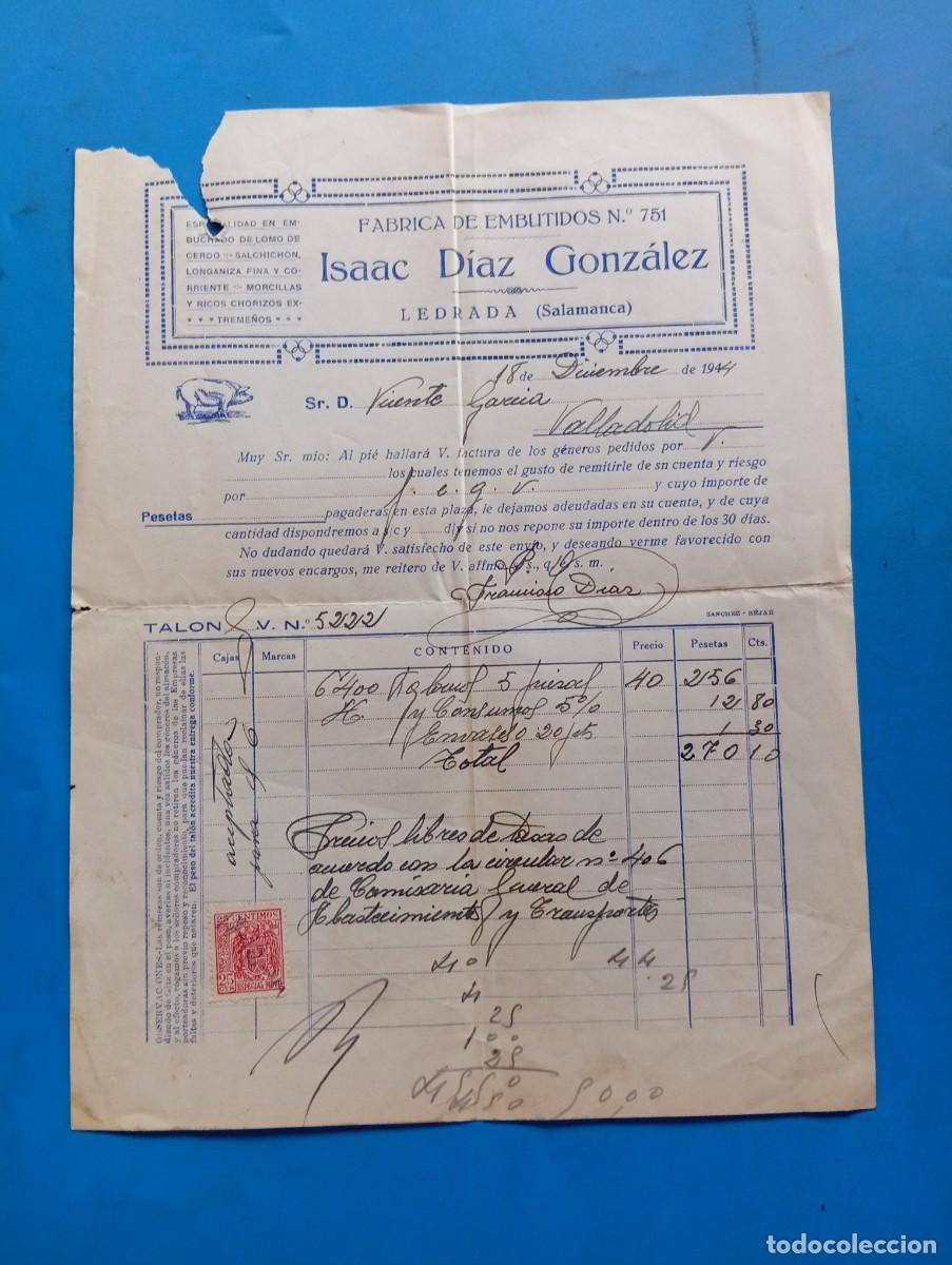 Facturas antiguas: FACTURA. LEDRADA, SALAMANCA. 1944. F&Aacute;BRICA DE EMBUTIDOS. ISAAC DIAZ GONZALEZ.