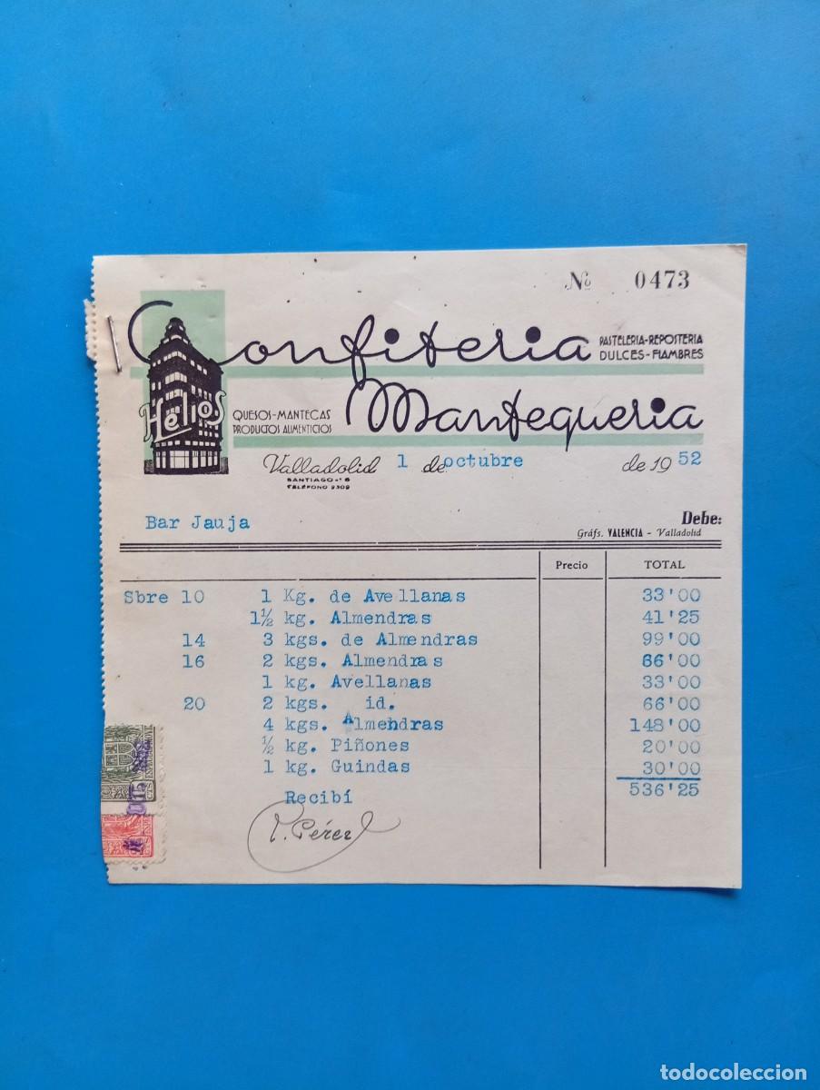 Facturas antiguas: FACTURA. VALLADOLID. 1952. CONFITER&Iacute;A MANTEQUER&Iacute;A. HELIOS.