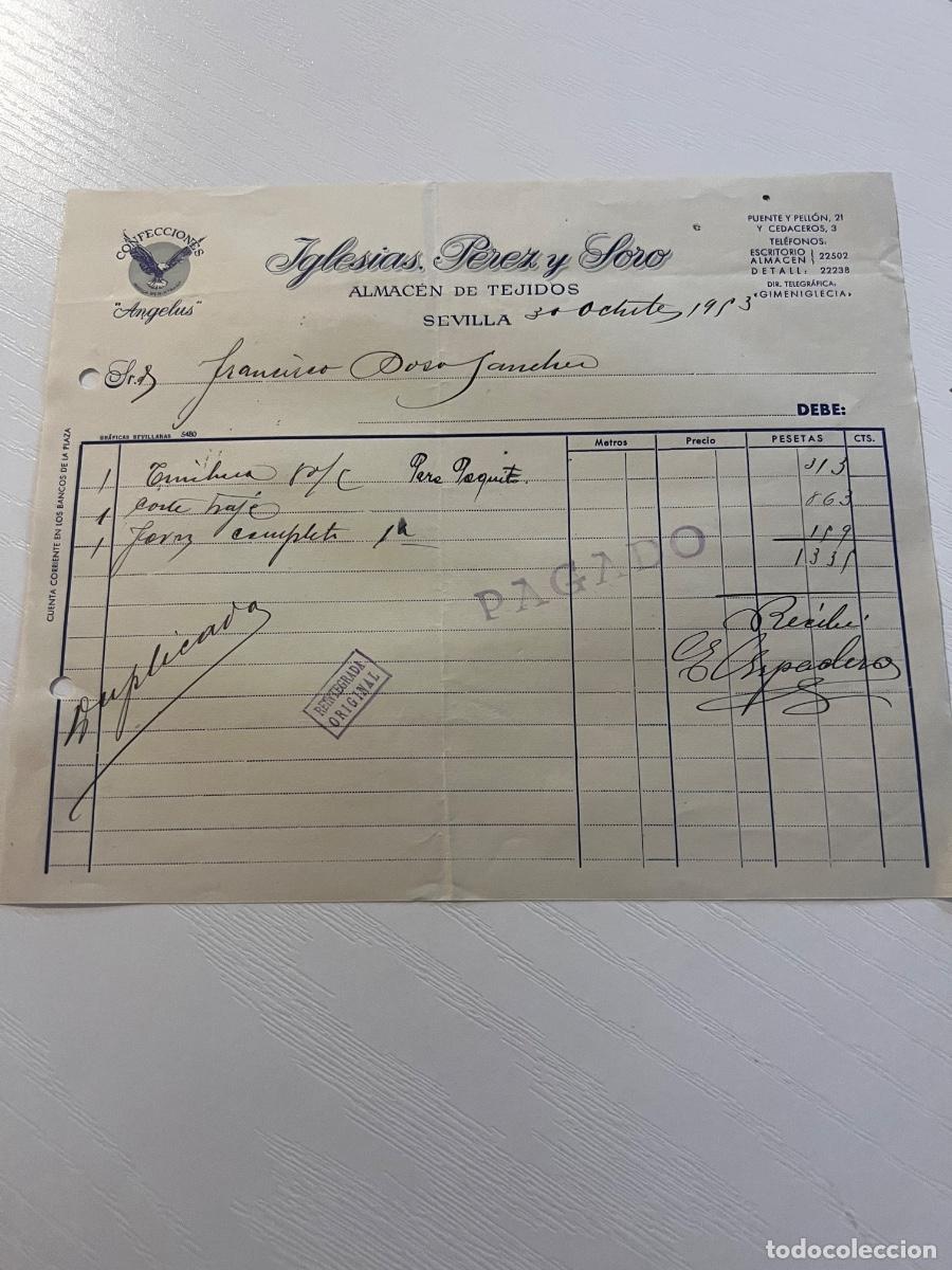 Facturas antiguas: FACTURA. SEVILLA, 1953. IGLESIAS P&Eacute;REZ Y FORO. ALMAC&Eacute;N DE TEJIDOS.