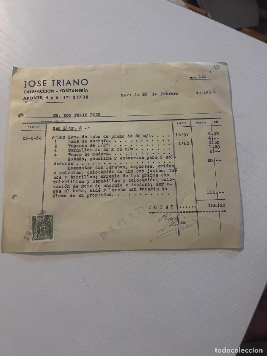 Facturas antiguas: FACTURA. SEVILLA, 1956. JOSE TRIANO. CALEFACCI&Oacute;N- FONTANER&Iacute;A.