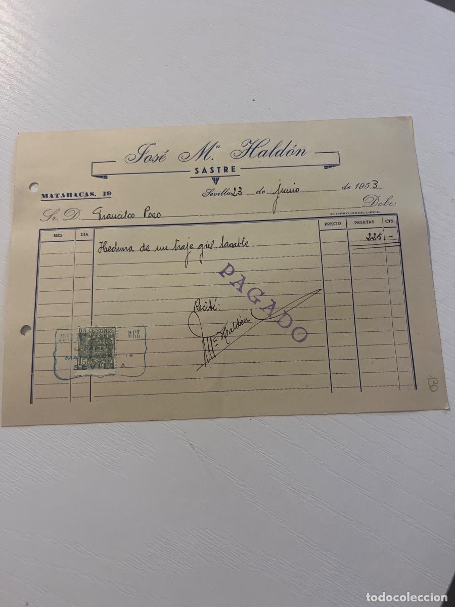 Facturas antiguas: FACTURA. SEVILLA, 1953. JOSE MAR&Iacute;A HALDON. SASTRE.