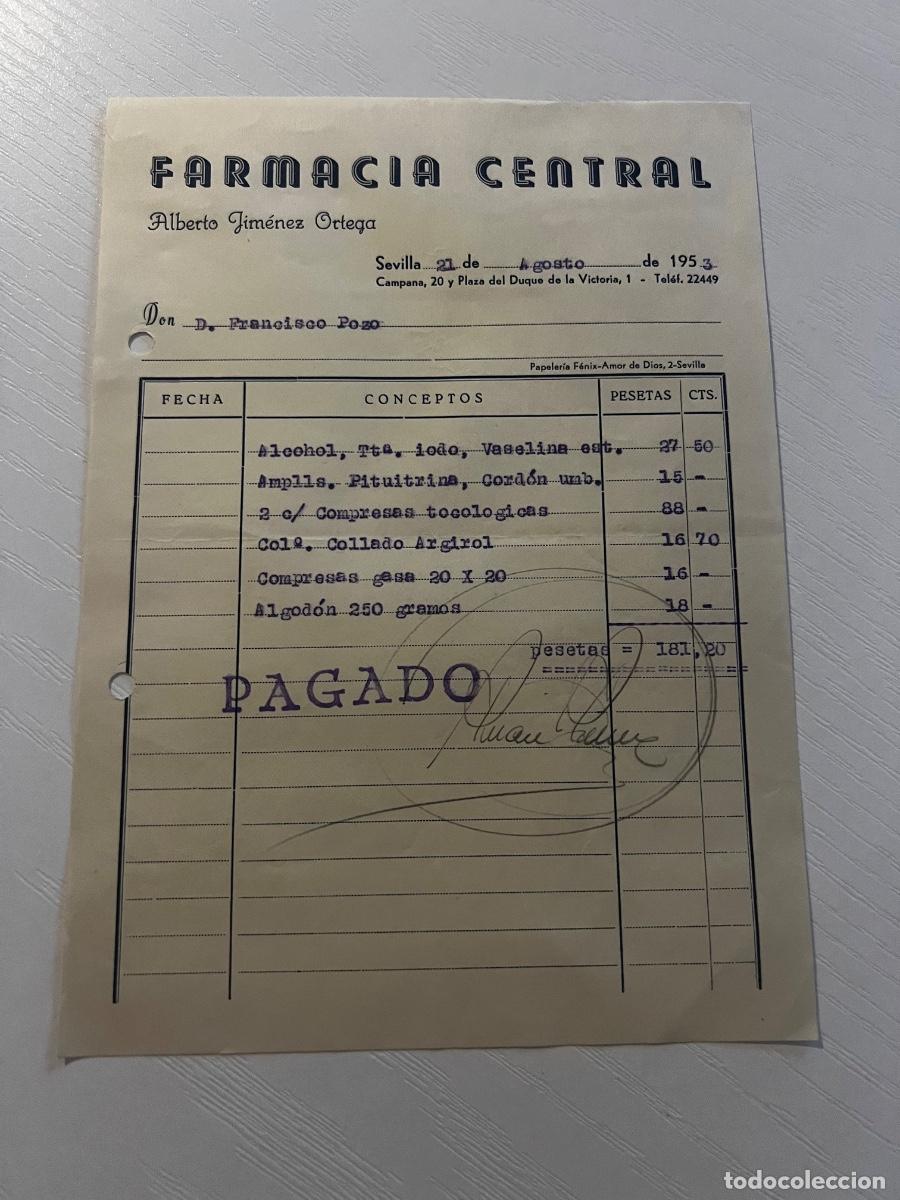 Facturas antiguas: FACTURA. SEVILLA, 1953. FARMACIA CENTRAL. ALBERTO JIM&Eacute;NEZ ORTEGA.