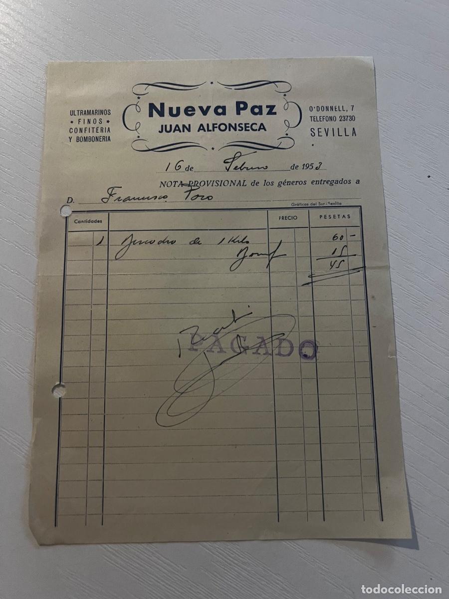 Facturas antiguas: FACTURA. SEVILLA, 1953. NUEVA PAZ. JUAN ALFONSECA.