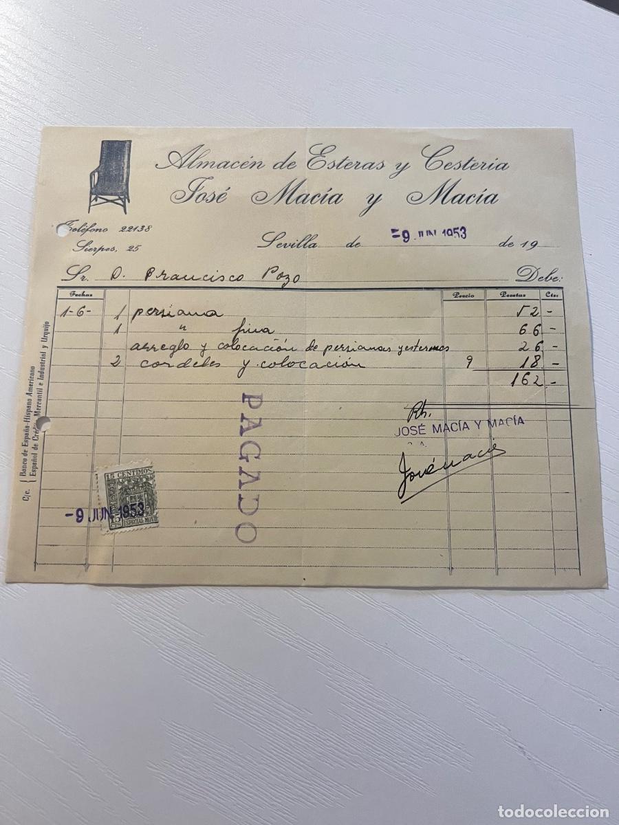 Facturas antiguas: FACTURA. SEVILLA, 1953. JOSE MACIA Y MACIA. ALMAC&Eacute;N DE ESTERAS Y CESTER&Iacute;A.