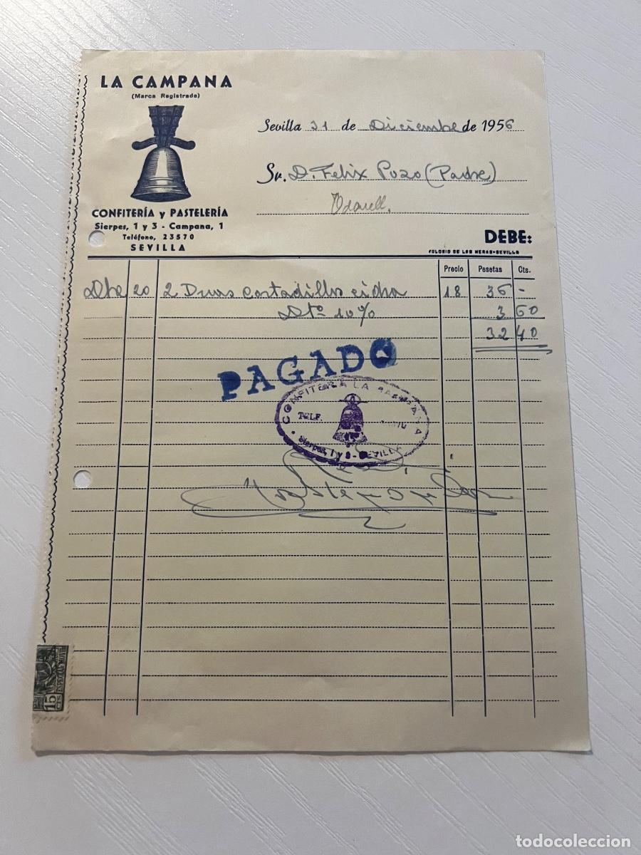 Facturas antiguas: FACTURA. SEVILLA, 1956. LA CAMPA&Ntilde;A. CONFITER&Iacute;A Y PASTELER&Iacute;A.