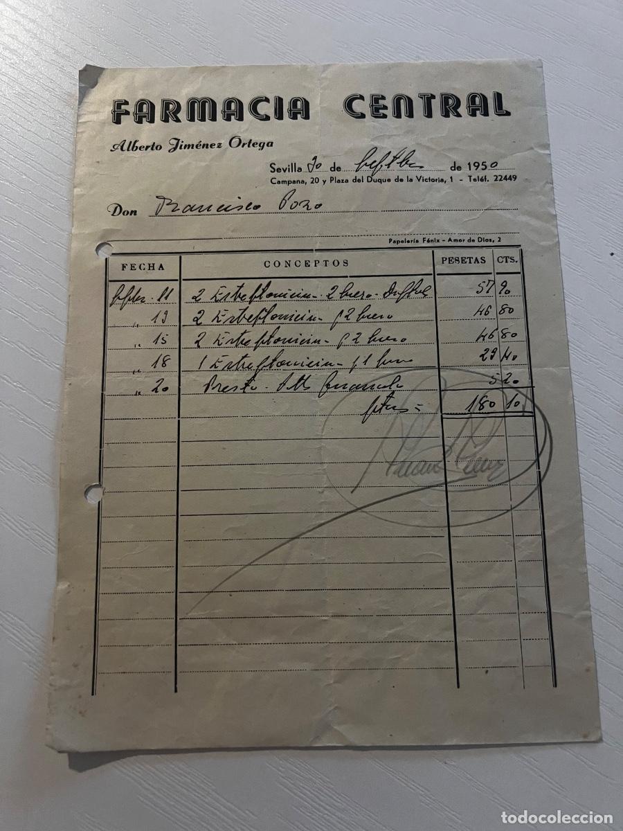 Facturas antiguas: FACTURA. SEVILLA, 1950. FARMACIA CENTRAL. ALBERTO JIM&Eacute;NEZ ORTEGA.