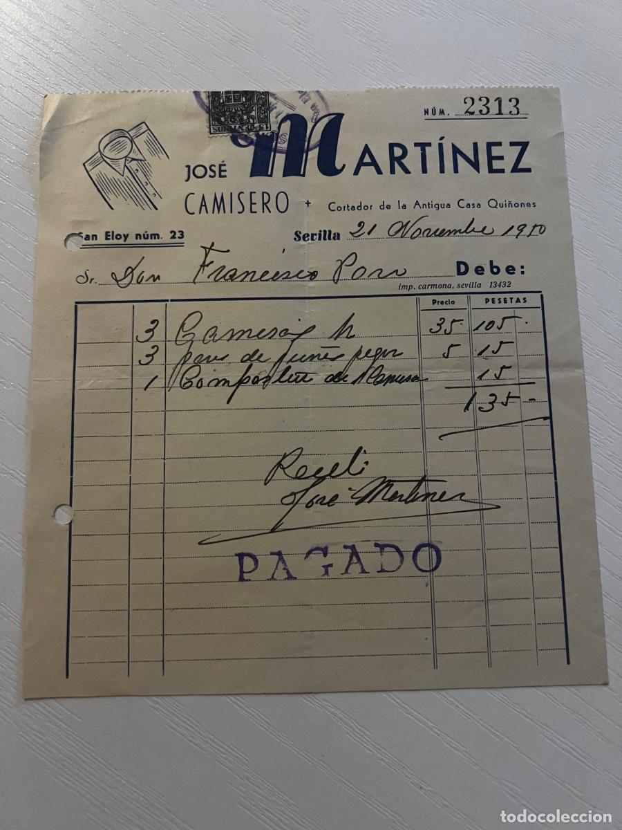 Facturas antiguas: FACTURA. SEVILLA, 1950. JOSE MART&Iacute;NEZ CAMISERO. CORTADOR DE LA ANTIGUA CASA QUI&Ntilde;ONES