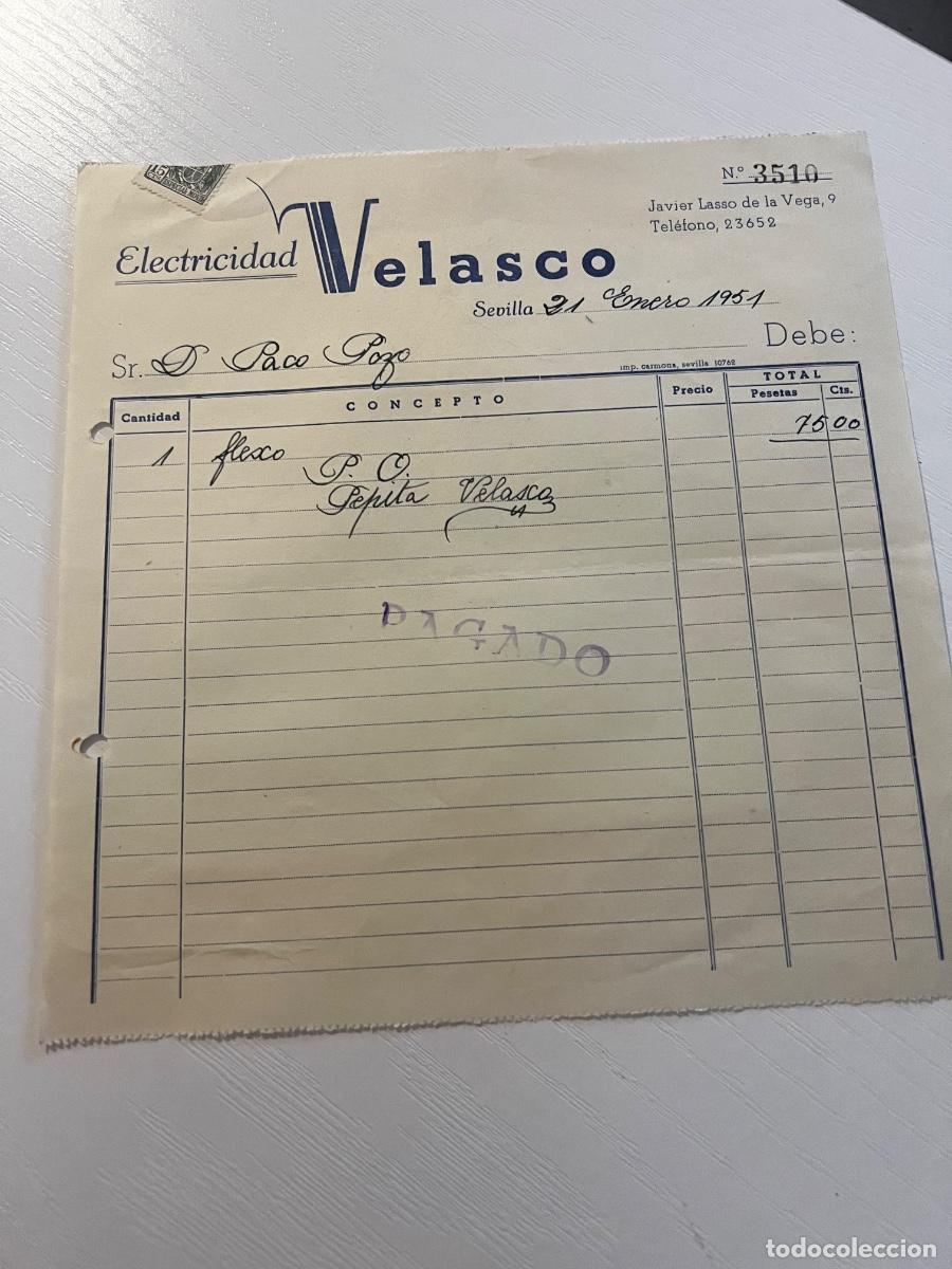Facturas antiguas: FACTURA. SEVILLA, 1951. ELECTRICIDAD VELASCO.